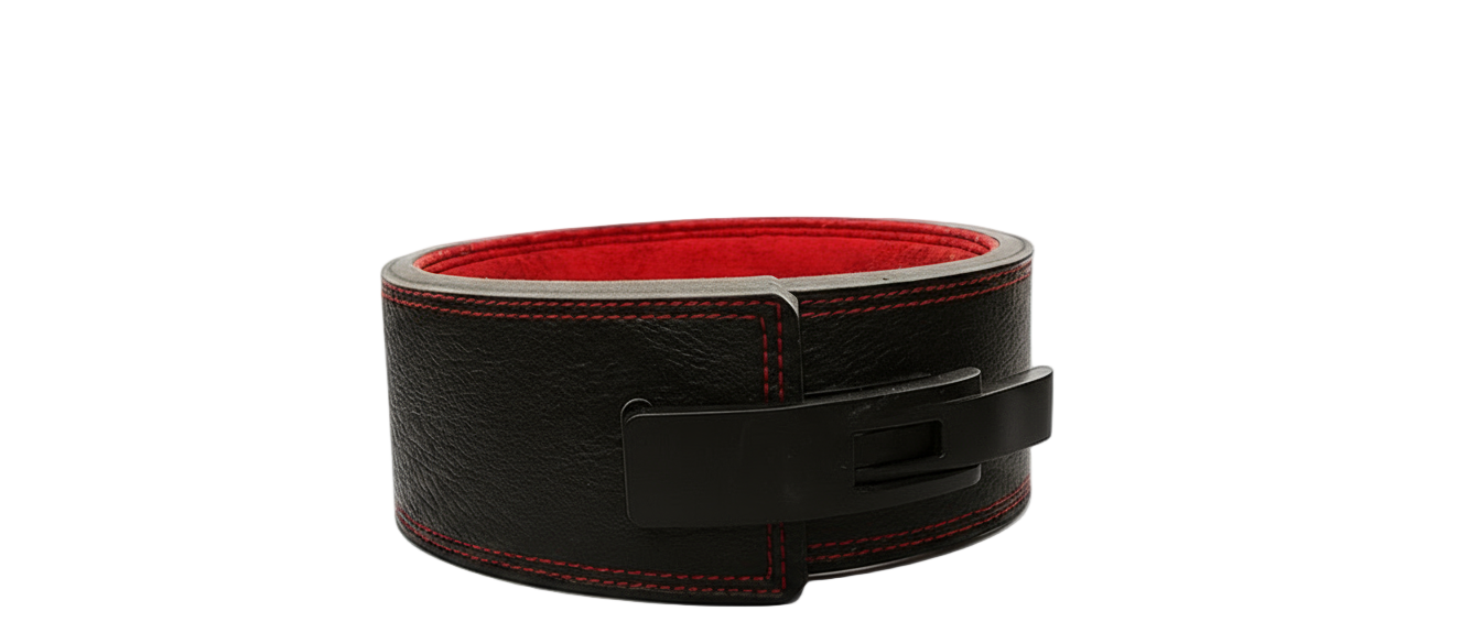 Black leather belt with red stitching on a white background